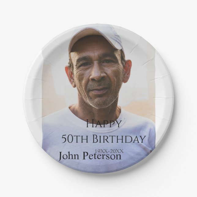 Prato De Papel Happy 50th birthday name photo year man simple min (Frente)