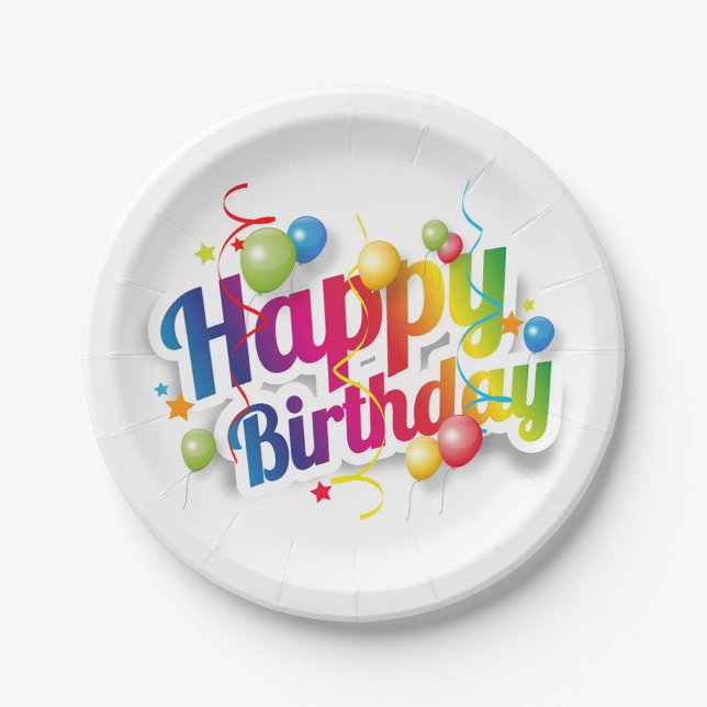 Prato De Papel Happy Birthday Festive Paper Plate (Bright, Festive "Happy Birthday" Plate with rainbow lettering! )