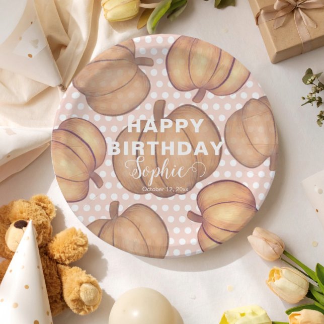 Prato De Papel Happy Birthday Pink & Orange Pumpkin Party  (Criador carregado)