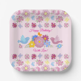 Prato De Papel Happy Birthday Wild Flowers Garden Birds Pattern