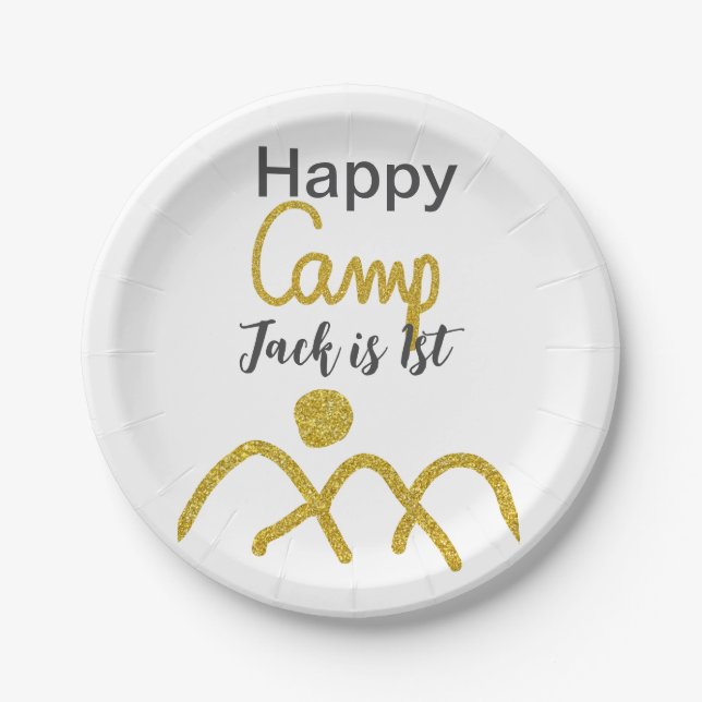 Prato De Papel Happy camping camper one birthday kids golden sun (Frente)