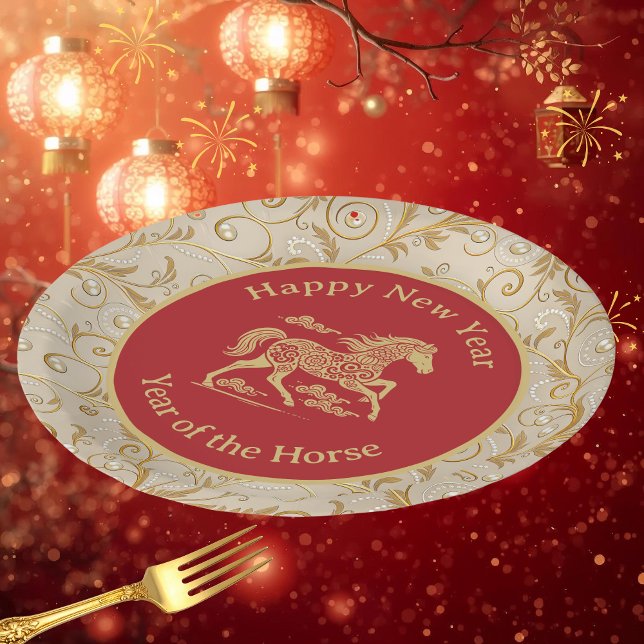 Prato De Papel Happy Chinese New Year of Horse Elegant Gold Red  (Criador carregado)