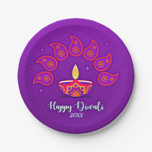 Prato De Papel Happy Diwali adiciona 20xx ano púrpura amarelo ve
