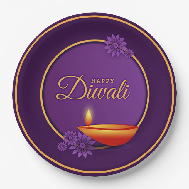 Prato De Papel Happy Diwali Diya Candle Purple Dourado (Frente)