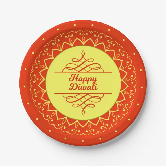 Prato De Papel Happy Diwali Orange Cream Mandala Modern 7" (Frente)
