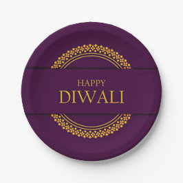 Prato De Papel Happy Diwali Purple Dourada Elegante de 7"