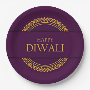 Prato De Papel Happy Diwali Purple Dourado Elegante 9"