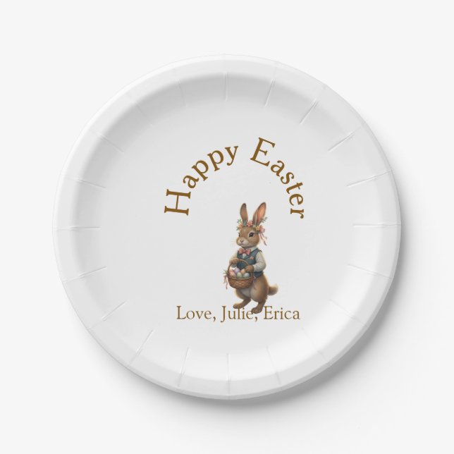 Prato De Papel Happy Easter brown bunny with eggs love add name  (Frente)