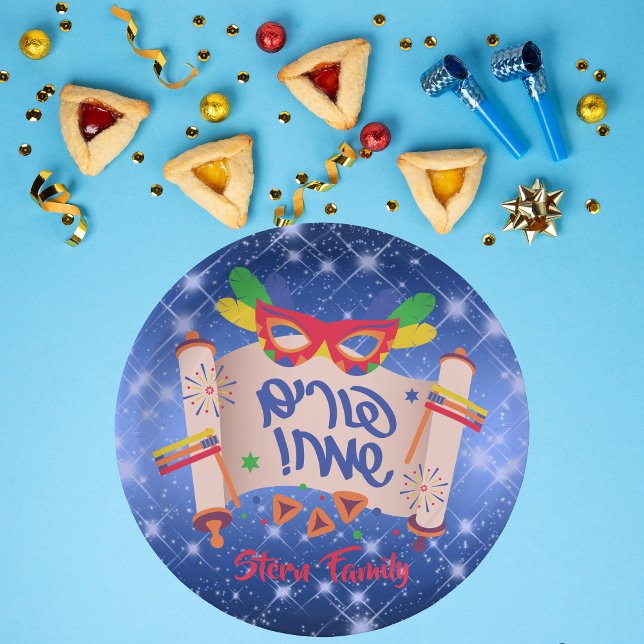 Prato De Papel Happy Purim Blue Megillah Grogger Hamantaschen (Criador carregado)