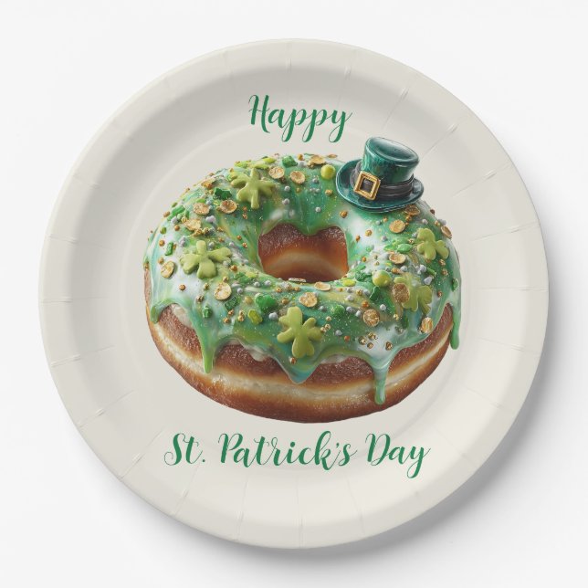 Prato De Papel Happy St. Patrick’s Day Donut with Leprechaun Hat (Frente)