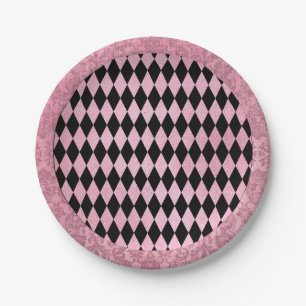 Prato De Papel Harlequin e Damasco, cor-de-rosa e pretos