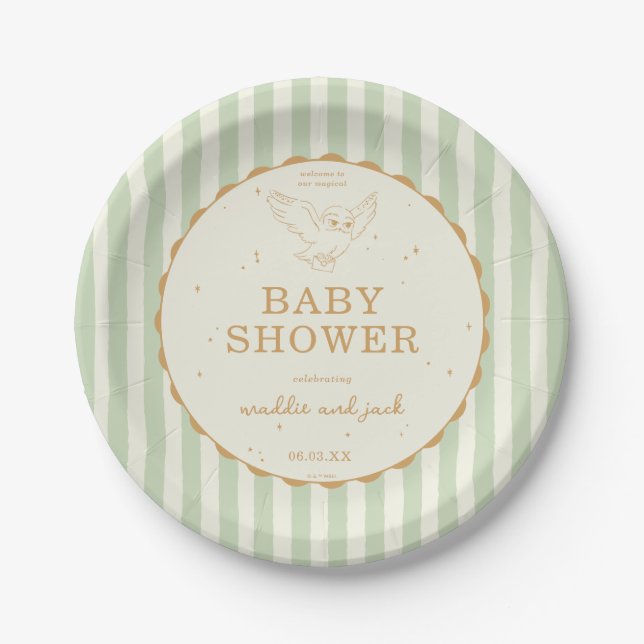 Prato De Papel Harry Potter Hedwig Green Stripe Baby Shower (Frente)