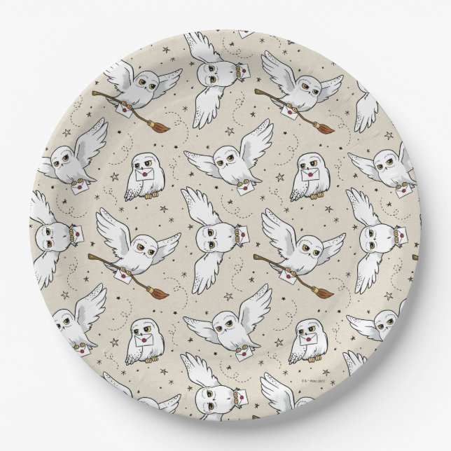 Prato De Papel Harry Potter | Padrão Hedwig - Chás de Bebê (Frente)