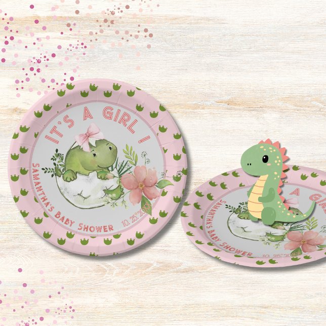 Prato De Papel Hatching Dino with Pink Bow Baby Shower Plates (Hatching Dino with Pink Bow Baby Shower Plates)