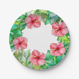 Prato De Papel Havaiano - Folhas Tropicais de Rosa Floral Hibiscu