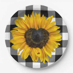 Prato De Papel Heart Sunflower Ladybug na Xadrez de Buffalo