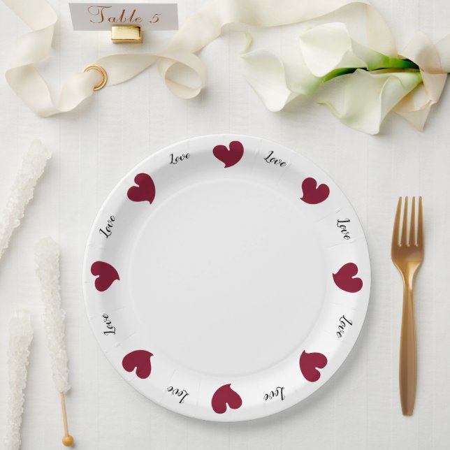 Prato De Papel Hearty Hearts Burgundy - Custom Text (Casamento)