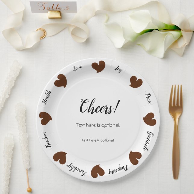 Prato De Papel Hearty Hearts Dark Brown - Custom Text Center (Casamento)