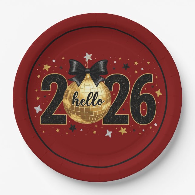 Prato De Papel Hello 2026 Red Glitter Sparkle Design (Frente)