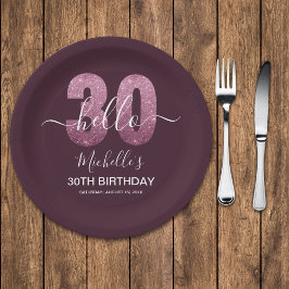 Prato De Papel Hello 30! Modern 30th birthday Pink glitter
