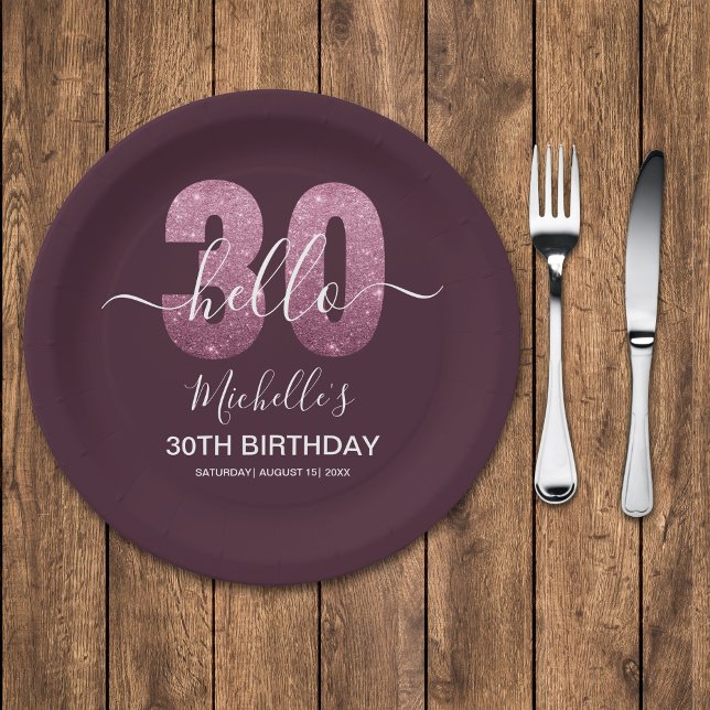 Prato De Papel Hello 30! Modern 30th birthday Pink glitter (Criador carregado)