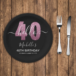 Prato De Papel Hello 40! Modern 40th birthday with Pink glitter