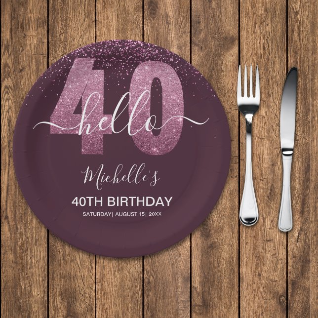 Prato De Papel Hello 40! Modern 40th birthday with Pink glitter (Criador carregado)