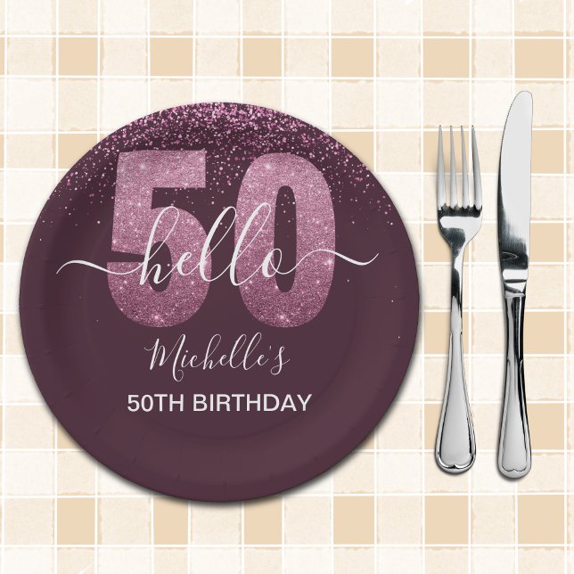 Prato De Papel Hello 50! -50th Women's Birthday with Pink glitter (Criador carregado)