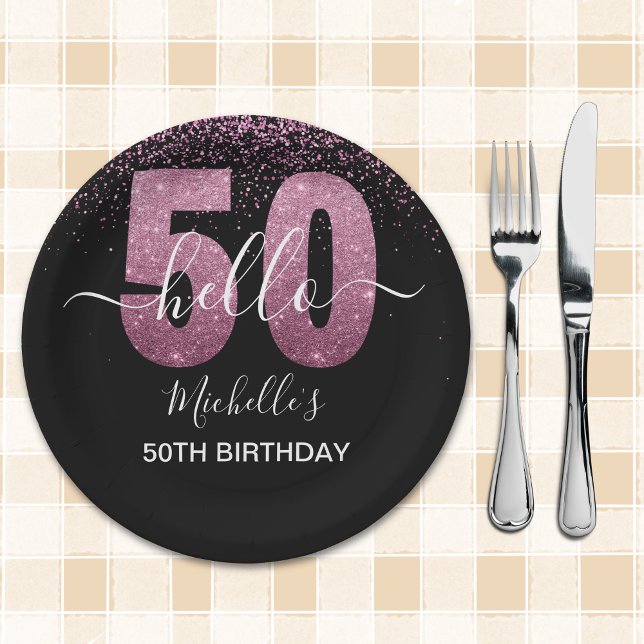Prato De Papel Hello 50! -50th Women's Birthday with Pink glitter (Criador carregado)