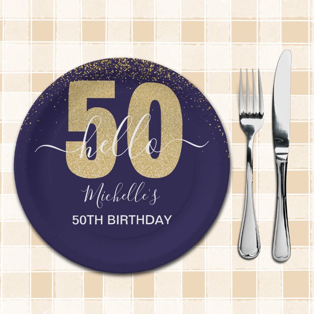 Prato De Papel Hello 50! -Elegant 50th Birthday with Gold glitter (Criador carregado)