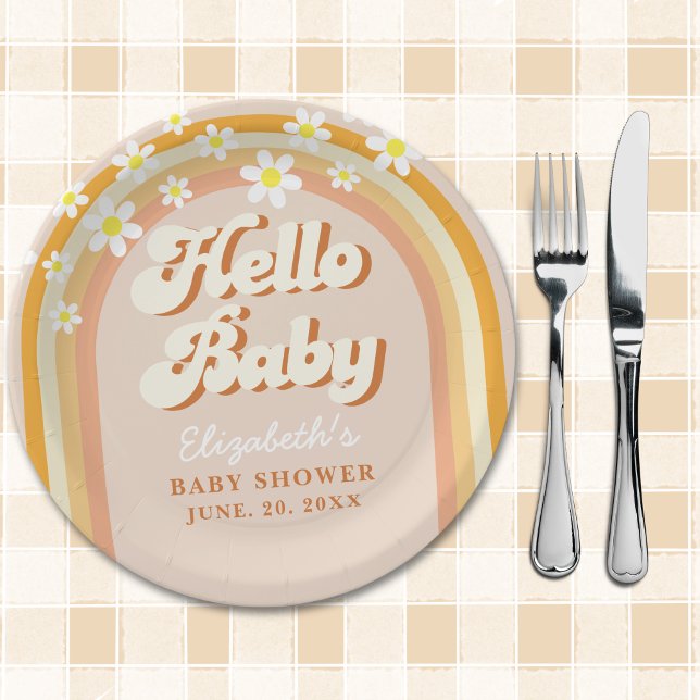 Prato De Papel Hello Baby Cute Groovy Baby Shower (Criador carregado)