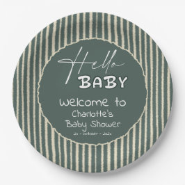 Prato De Papel Hello Baby Dark Green Stripes Baby Shower
