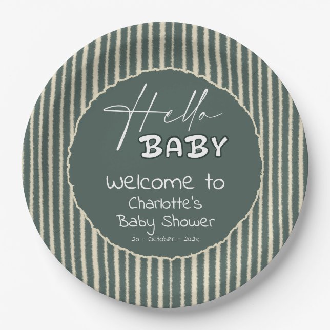 Prato De Papel Hello Baby Dark Green Stripes Baby Shower (Frente)