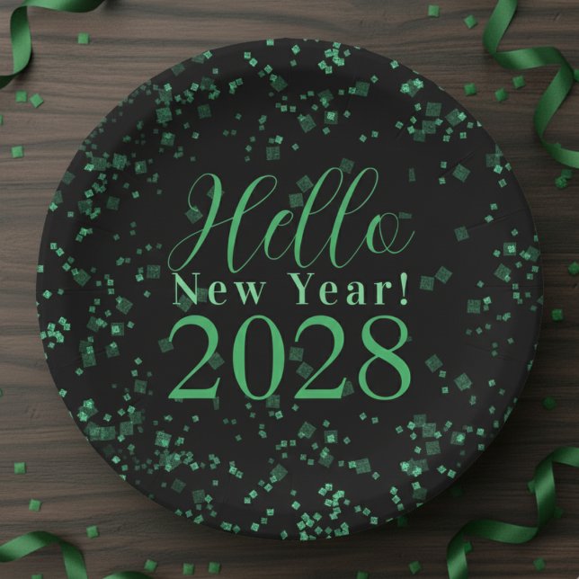 Prato De Papel Hello New Year! New Year's Eve Green Black Sparkle (Criador carregado)