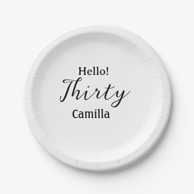 Prato De Papel Hello thirty birthday name simple minimal elegant  (Frente)