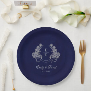 Prato De Papel Heritage Floral Crista Azul Marinho Monograma Casa