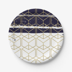 Prato De Papel Hexágono Azul Marinho Moderno Dourado Geométrico G