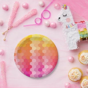 Prato De Papel Hexágono Geométrico forma amarelo-rosa