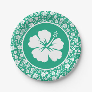 Prato De Papel Hibiscus branco tropical em verde