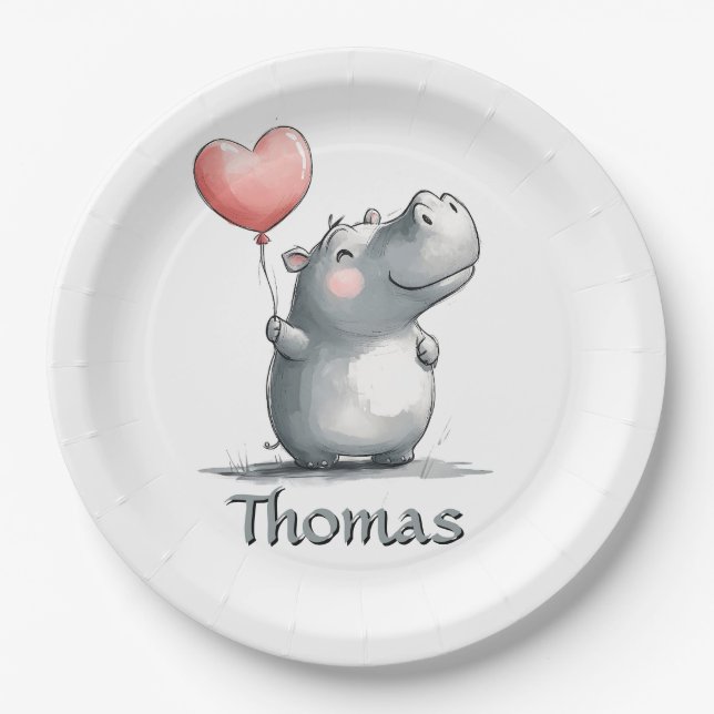 Prato De Papel Hippo Bonito com Ilustração de Balão de Coração (Frente)