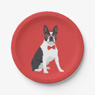 Prato De Papel Hipster Boston Terrier com vidros & laço vermelho