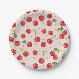 Prato De Papel Hipster,retrô,cereja,padrão,vermelho,rosa,pálid