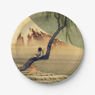 Prato De Papel Hokusai Boy Vivendo o Monte Fuji Japonês