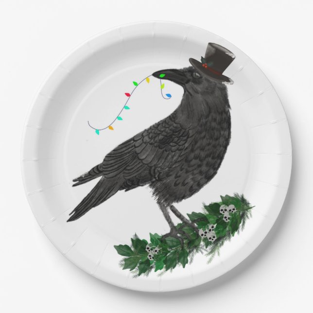 Prato De Papel Holiday Crow with Top Hat (Frente)