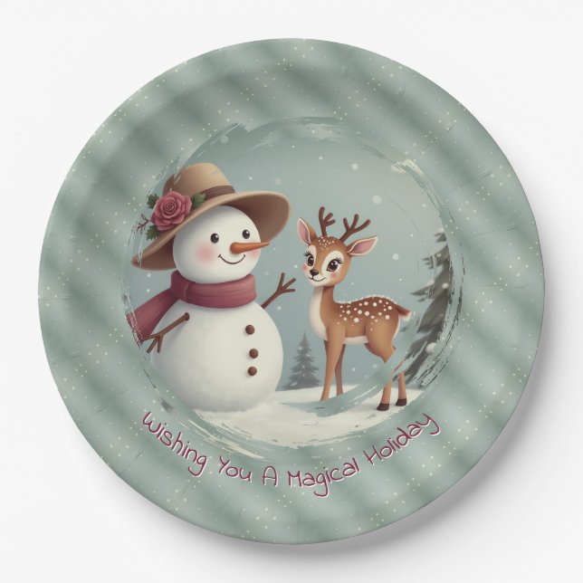 Prato De Papel Holiday Designed Snowman And Deer (Frente)