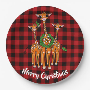 Prato De Papel Holiday Giraffe's, wreath, Red Tartan xadrez