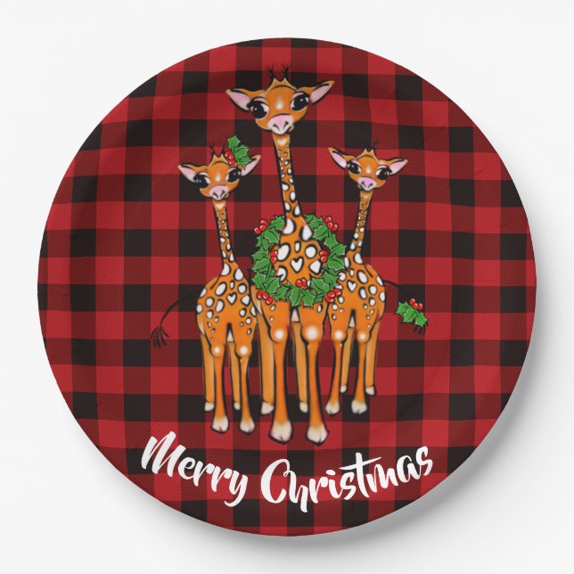 Prato De Papel Holiday Giraffe's, wreath, Red Tartan xadrez (Frente)