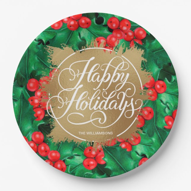 Prato De Papel Holly Berries Dourado Faux Foil Foliday (Frente)