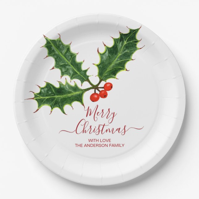 Prato De Papel Holly & berry Feliz Natal e Nome da Família (Frente)