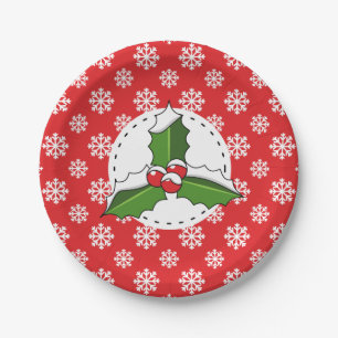Prato De Papel Holly Berry sobre Padrões de Neve Brancos Vermelho